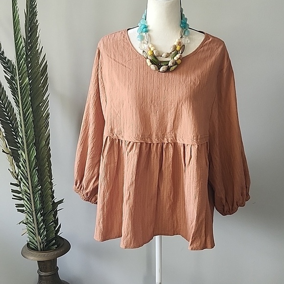 Cato Tops - Cato peachy brown textured swing blouse with longer sleeves and button b…